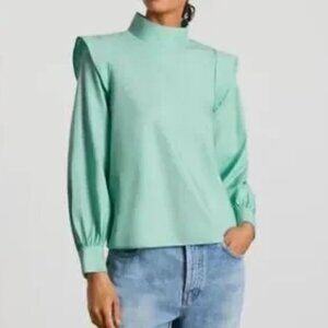 New Everlane The Wing-Shoulder Mock Neck Top Cotton Green Size 8
